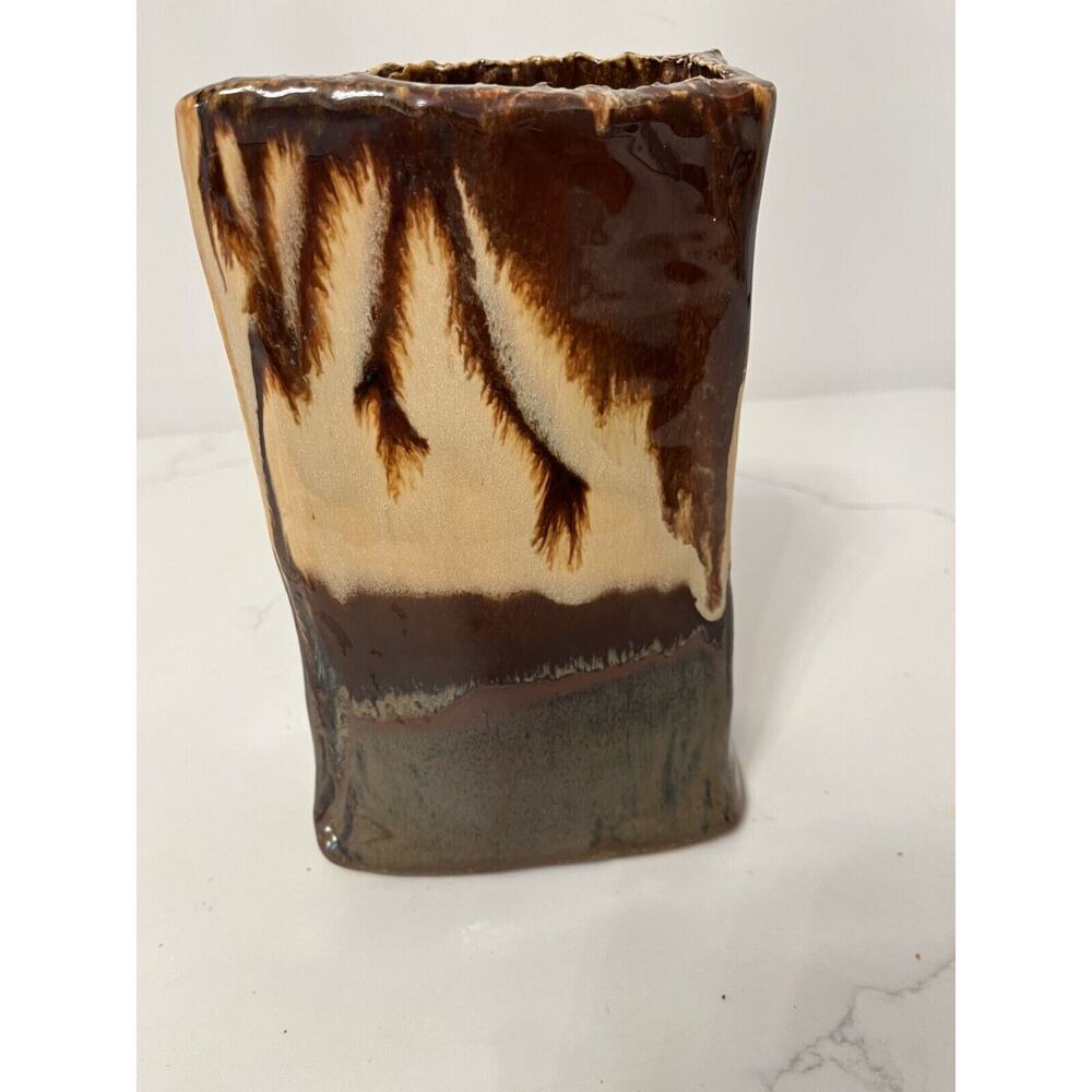 Studio Art Signed Vase Moss Tree Hand Painted Glazed, Paper Bag Shape